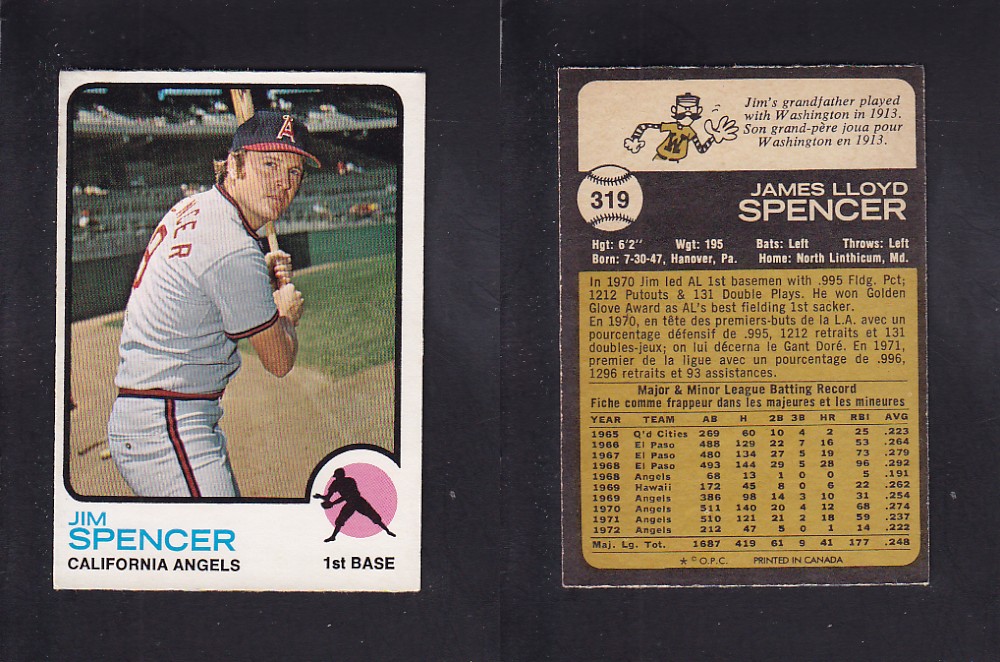 1973 O-PEE-CHEE BASEBALL CARD #319 J. SPENCER photo 1973 O-PEE-CHEE BASEBALL CARD #319 J. SPENCER photo