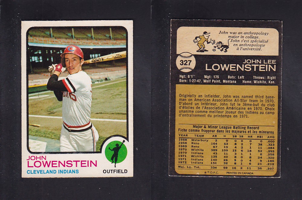 1973 O-PEE-CHEE BASEBALL CARD #327 J. LOWENSTEIN photo 1973 O-PEE-CHEE BASEBALL CARD #327 J. LOWENSTEIN photo