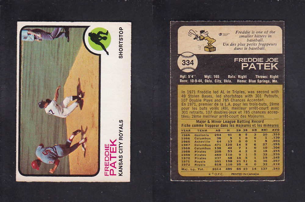1973 O-PEE-CHEE BASEBALL CARD #334 F. PATEK photo 1973 O-PEE-CHEE BASEBALL CARD #334 F. PATEK photo