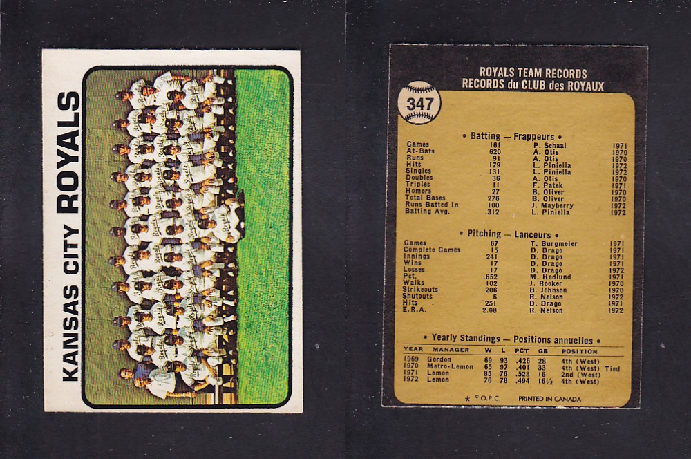 1973 O-PEE-CHEE BASEBALL CARD #347 KANSAS CITY ROYALS photo 1973 O-PEE-CHEE BASEBALL CARD #347 KANSAS CITY ROYALS photo