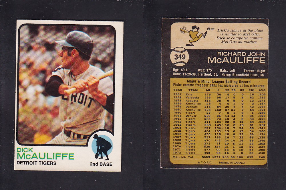 1973 O-PEE-CHEE BASEBALL CARD #349 D. McAULIFFE photo 1973 O-PEE-CHEE BASEBALL CARD #349 D. McAULIFFE photo