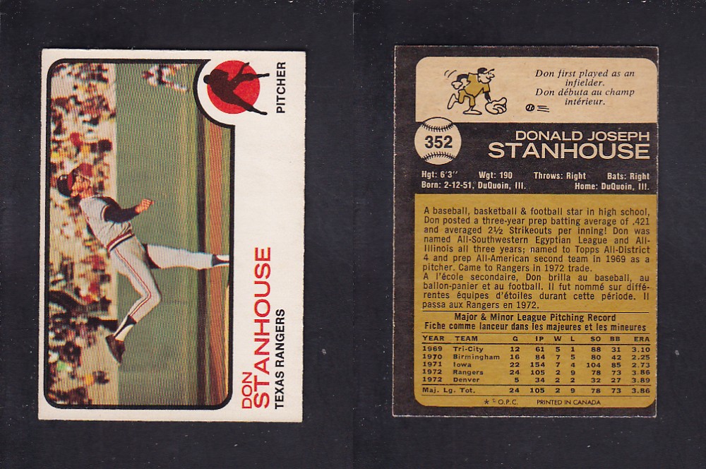 1973 O-PEE-CHEE BASEBALL CARD #352 D. STANHOUSE photo 1973 O-PEE-CHEE BASEBALL CARD #352 D. STANHOUSE photo