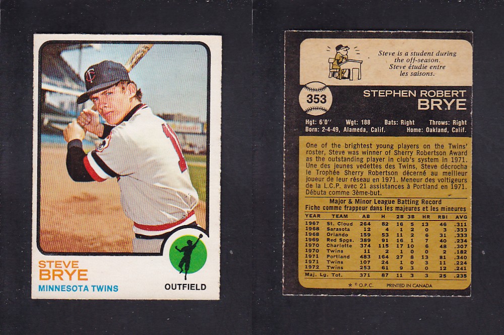 1973 O-PEE-CHEE BASEBALL CARD #353 S. BRYE photo 1973 O-PEE-CHEE BASEBALL CARD #353 S. BRYE photo