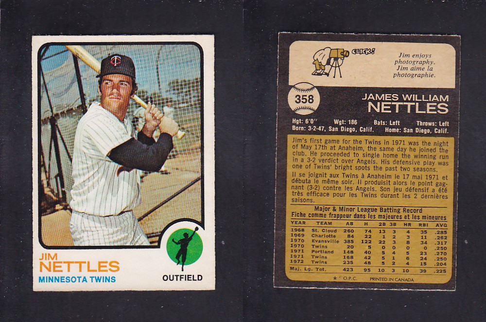 1973 O-PEE-CHEE BASEBALL CARD #358 J. NETTLES photo 1973 O-PEE-CHEE BASEBALL CARD #358 J. NETTLES photo