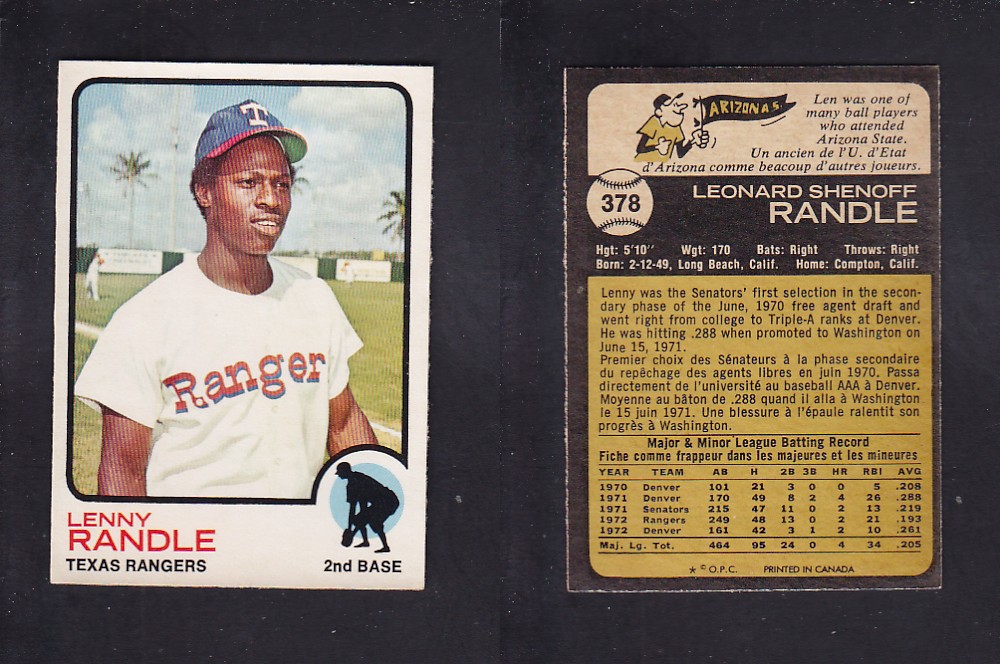 1973 O-PEE-CHEE BASEBALL CARD #378 L. RANDLE photo 1973 O-PEE-CHEE BASEBALL CARD #378 L. RANDLE photo