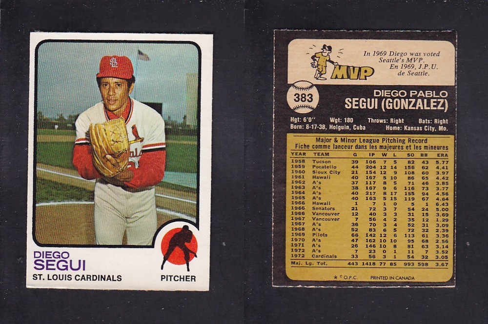 1973 O-PEE-CHEE BASEBALL CARD #383 D. SEGUI photo 1973 O-PEE-CHEE BASEBALL CARD #383 D. SEGUI photo