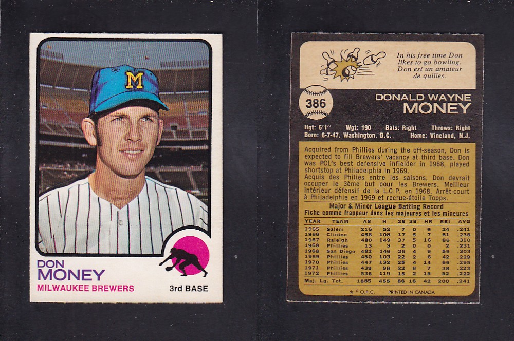 1973 O-PEE-CHEE BASEBALL CARD #386 D. MONEY photo 1973 O-PEE-CHEE BASEBALL CARD #386 D. MONEY photo