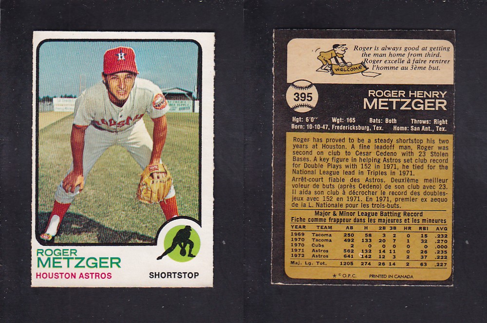 1973 O-PEE-CHEE BASEBALL CARD #395 R. METZGER photo 1973 O-PEE-CHEE BASEBALL CARD #395 R. METZGER photo