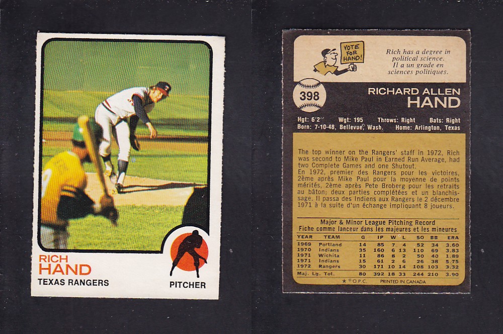 1973 O-PEE-CHEE BASEBALL CARD #398 R. HAND photo 1973 O-PEE-CHEE BASEBALL CARD #398 R. HAND photo