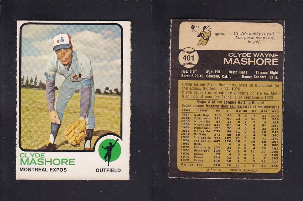 1973 O-PEE-CHEE BASEBALL CARD #401 C. MASHORE photo 1973 O-PEE-CHEE BASEBALL CARD #401 C. MASHORE photo