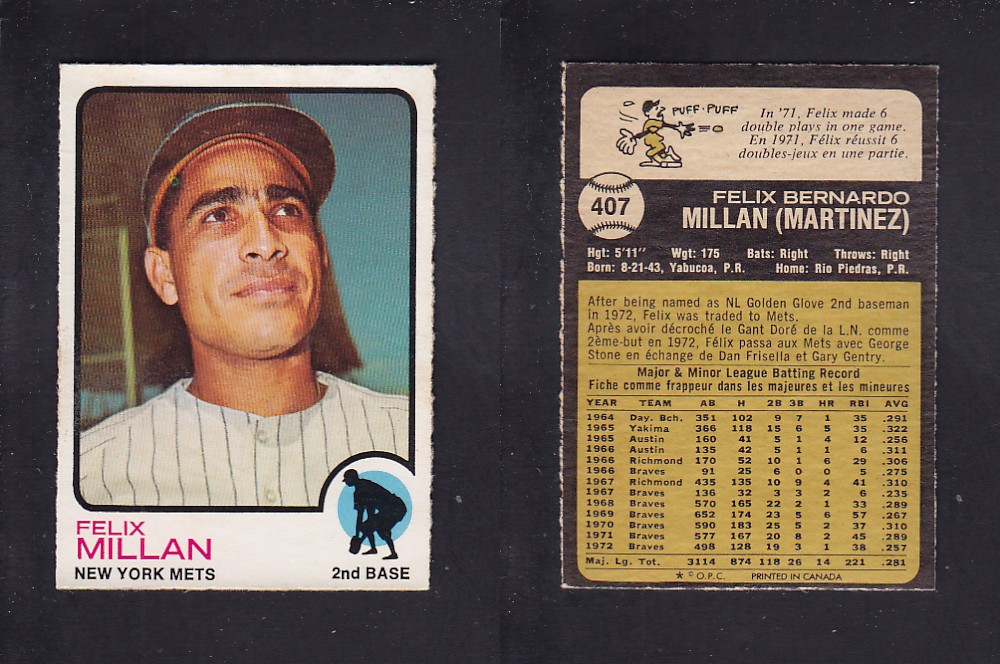 1973 O-PEE-CHEE BASEBALL CARD #407 F. MILLAN photo 1973 O-PEE-CHEE BASEBALL CARD #407 F. MILLAN photo