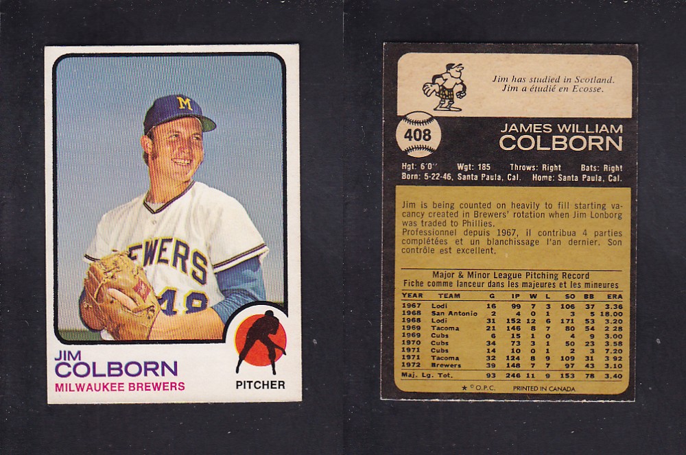 1973 O-PEE-CHEE BASEBALL CARD #408 J. COLBORN photo 1973 O-PEE-CHEE BASEBALL CARD #408 J. COLBORN photo