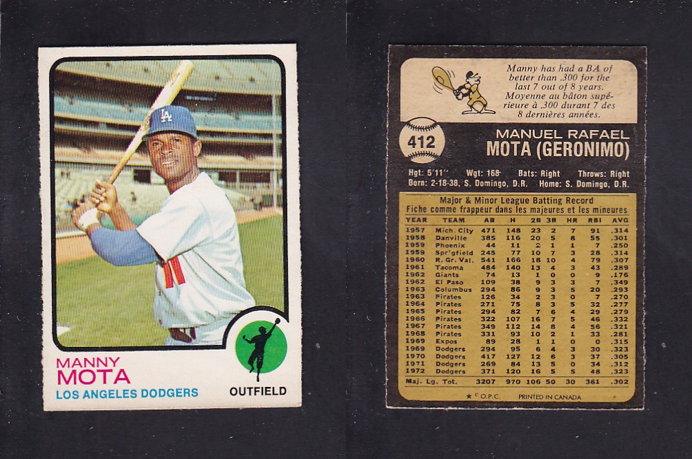 1973 O-PEE-CHEE BASEBALL CARD #412 M. MOTA photo 1973 O-PEE-CHEE BASEBALL CARD #412 M. MOTA photo
