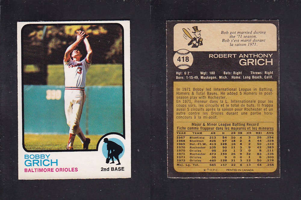 1973 O-PEE-CHEE BASEBALL CARD #418 B. GRICH photo 1973 O-PEE-CHEE BASEBALL CARD #418 B. GRICH photo