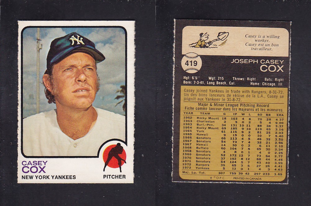 1973 O-PEE-CHEE BASEBALL CARD #419 C. COX photo 1973 O-PEE-CHEE BASEBALL CARD #419 C. COX photo