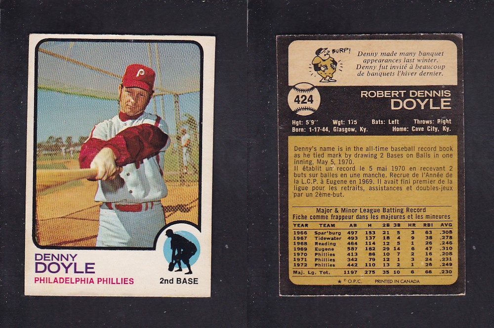 1973 O-PEE-CHEE BASEBALL CARD #424 D. DOYLE photo 1973 O-PEE-CHEE BASEBALL CARD #424 D. DOYLE photo