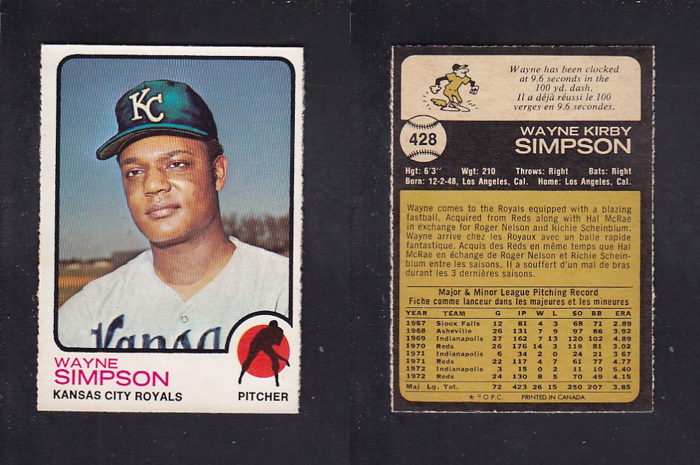 1973 O-PEE-CHEE BASEBALL CARD #428 W. SIMPSON photo 1973 O-PEE-CHEE BASEBALL CARD #428 W. SIMPSON photo