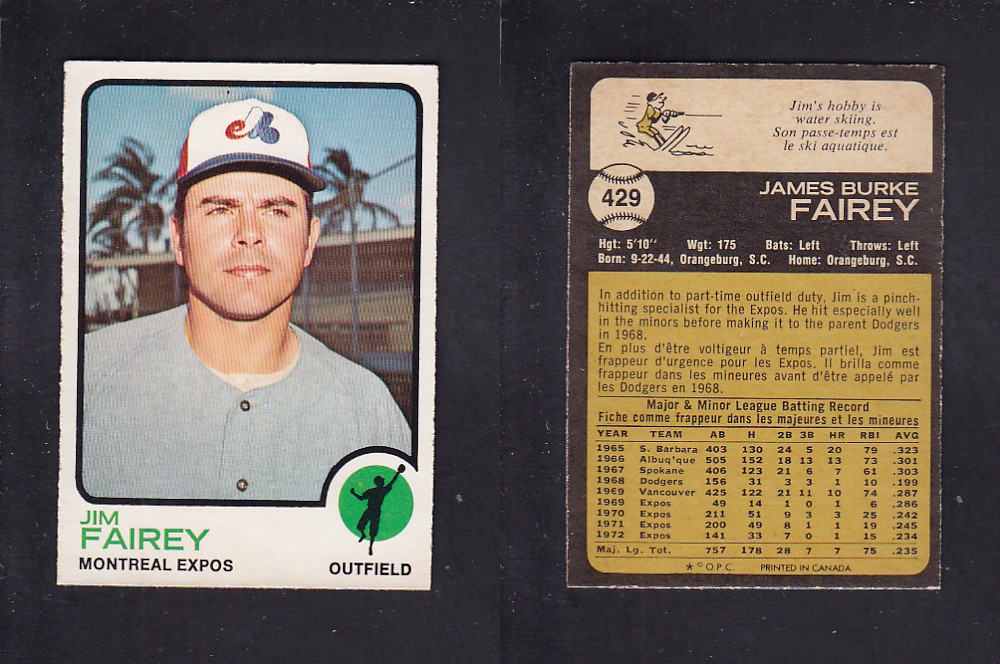 1973 O-PEE-CHEE BASEBALL CARD #429 J. FAIREY photo 1973 O-PEE-CHEE BASEBALL CARD #429 J. FAIREY photo