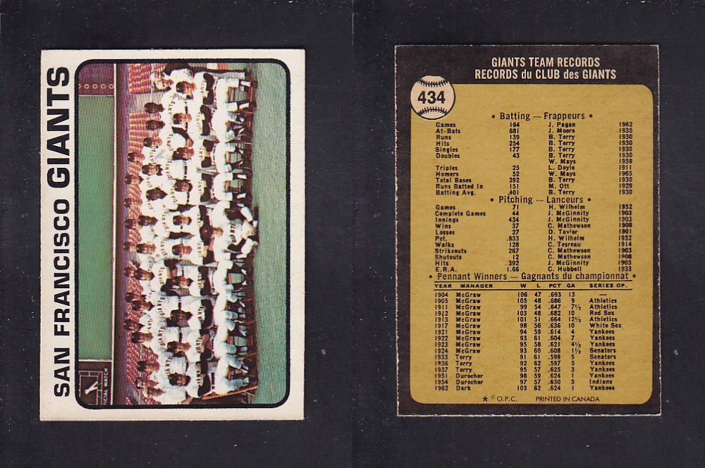 1973 O-PEE-CHEE BASEBALL CARD #434 SAN FRANCISCO GIANTS photo 1973 O-PEE-CHEE BASEBALL CARD #434 SAN FRANCISCO GIANTS photo