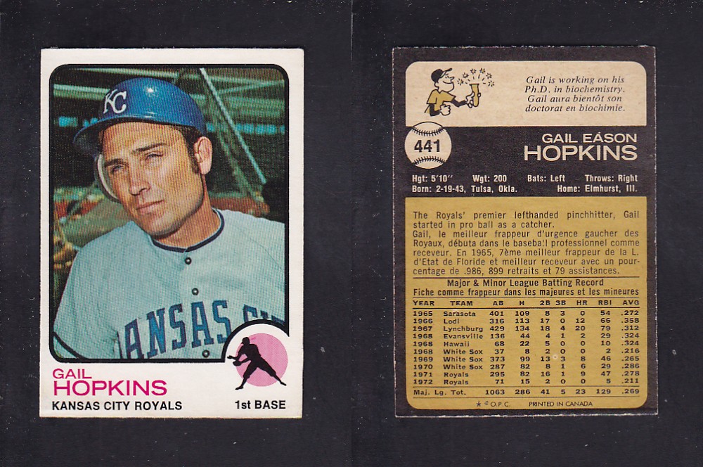 1973 O-PEE-CHEE BASEBALL CARD #441 G. HOPKINS photo 1973 O-PEE-CHEE BASEBALL CARD #441 G. HOPKINS photo