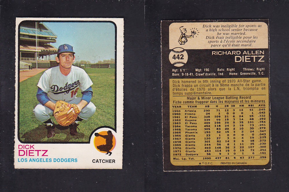 1973 O-PEE-CHEE BASEBALL CARD #442 D. DIETZ photo 1973 O-PEE-CHEE BASEBALL CARD #442 D. DIETZ photo