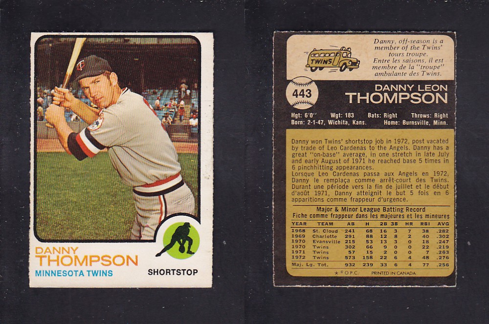 1973 O-PEE-CHEE BASEBALL CARD #443 D. THOMPSON photo 1973 O-PEE-CHEE BASEBALL CARD #443 D. THOMPSON photo