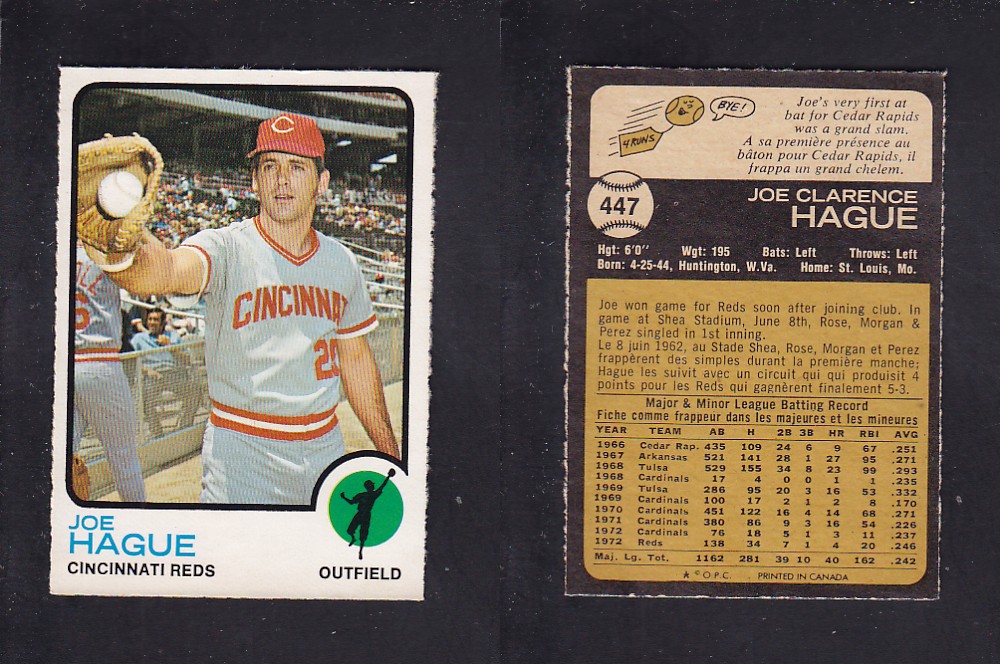 1973 O-PEE-CHEE BASEBALL CARD #447 J. HAGUE photo 1973 O-PEE-CHEE BASEBALL CARD #447 J. HAGUE photo