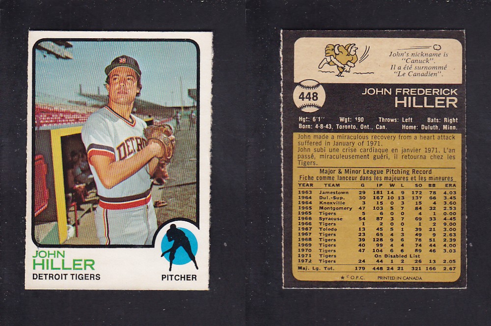 1973 O-PEE-CHEE BASEBALL CARD #448 J. HILLER photo 1973 O-PEE-CHEE BASEBALL CARD #448 J. HILLER photo