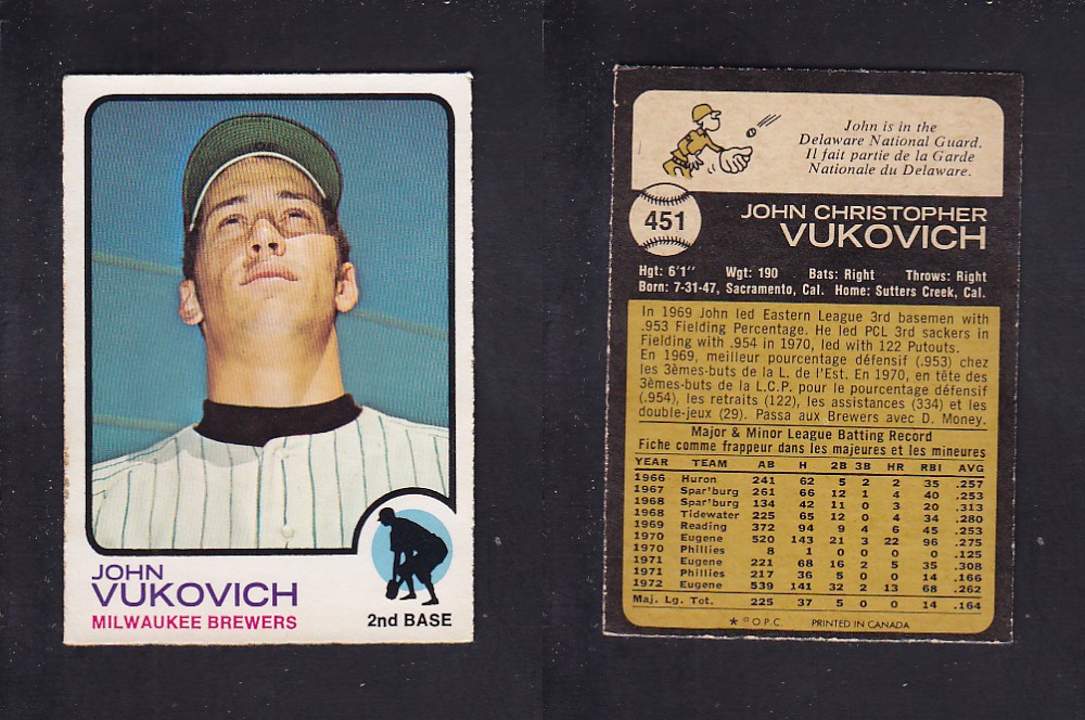 1973 O-PEE-CHEE BASEBALL CARD #451 J. VUKOVICH photo 1973 O-PEE-CHEE BASEBALL CARD #451 J. VUKOVICH photo