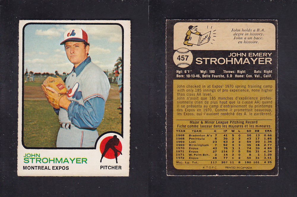 1973 O-PEE-CHEE BASEBALL CARD #457 J. STROHMAYER photo 1973 O-PEE-CHEE BASEBALL CARD #457 J. STROHMAYER photo