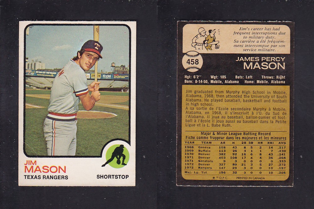 1973 O-PEE-CHEE BASEBALL CARD #458 J. MASON photo 1973 O-PEE-CHEE BASEBALL CARD #458 J. MASON photo