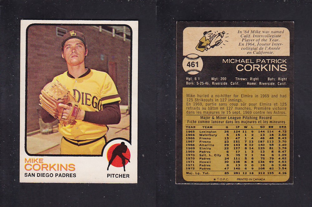 1973 O-PEE-CHEE BASEBALL CARD #461 M. CORKINS photo 1973 O-PEE-CHEE BASEBALL CARD #461 M. CORKINS photo