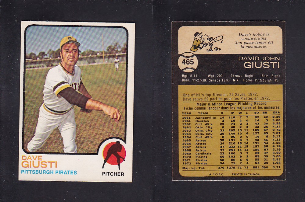1973 O-PEE-CHEE BASEBALL CARD #465 D. GIUSTI photo 1973 O-PEE-CHEE BASEBALL CARD #465 D. GIUSTI photo
