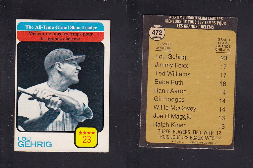 1973 O-PEE-CHEE BASEBALL CARD #472 ALL-TIME GRAND SLAM LEADERS photo 1973 O-PEE-CHEE BASEBALL CARD #472 ALL-TIME GRAND SLAM LEADERS photo