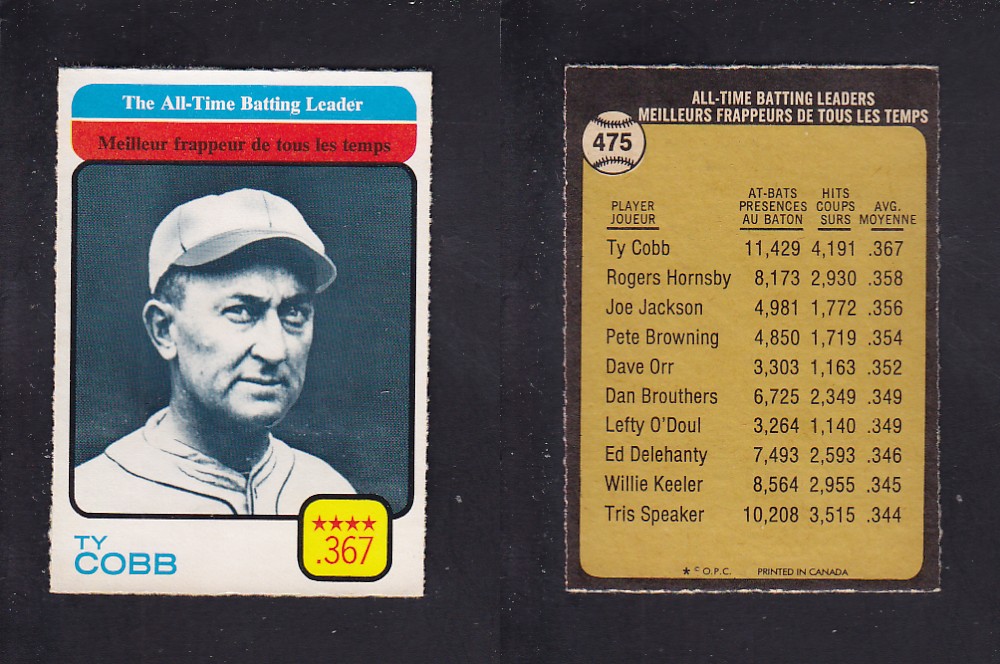 1973 O-PEE-CHEE BASEBALL CARD #475 ALL-TIME BATTING LEADERS photo 1973 O-PEE-CHEE BASEBALL CARD #475 ALL-TIME BATTING LEADERS photo