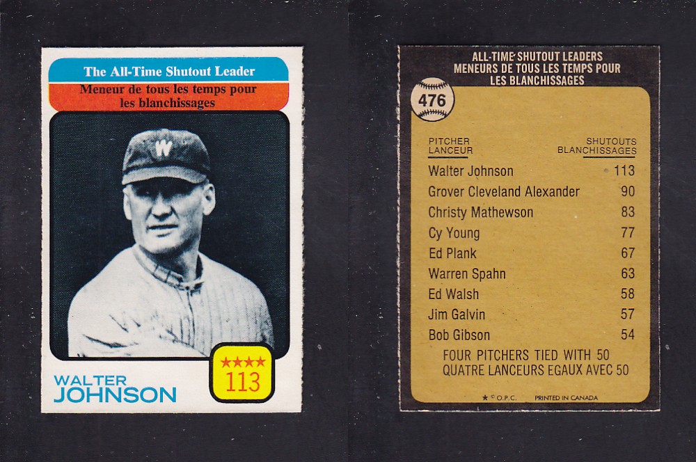1973 O-PEE-CHEE BASEBALL CARD #476 ALL-TIME SHUTOUT LEADERS photo 1973 O-PEE-CHEE BASEBALL CARD #476 ALL-TIME SHUTOUT LEADERS photo