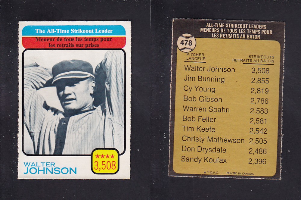 1973 O-PEE-CHEE BASEBALL CARD #478 ALL-TIME STRIKEOUT LEADERS photo 1973 O-PEE-CHEE BASEBALL CARD #478 ALL-TIME STRIKEOUT LEADERS photo