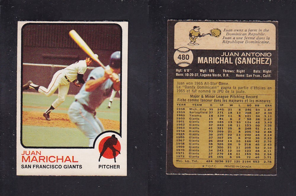 1973 O-PEE-CHEE BASEBALL CARD #480 J. MARICHAL photo 1973 O-PEE-CHEE BASEBALL CARD #480 J. MARICHAL photo