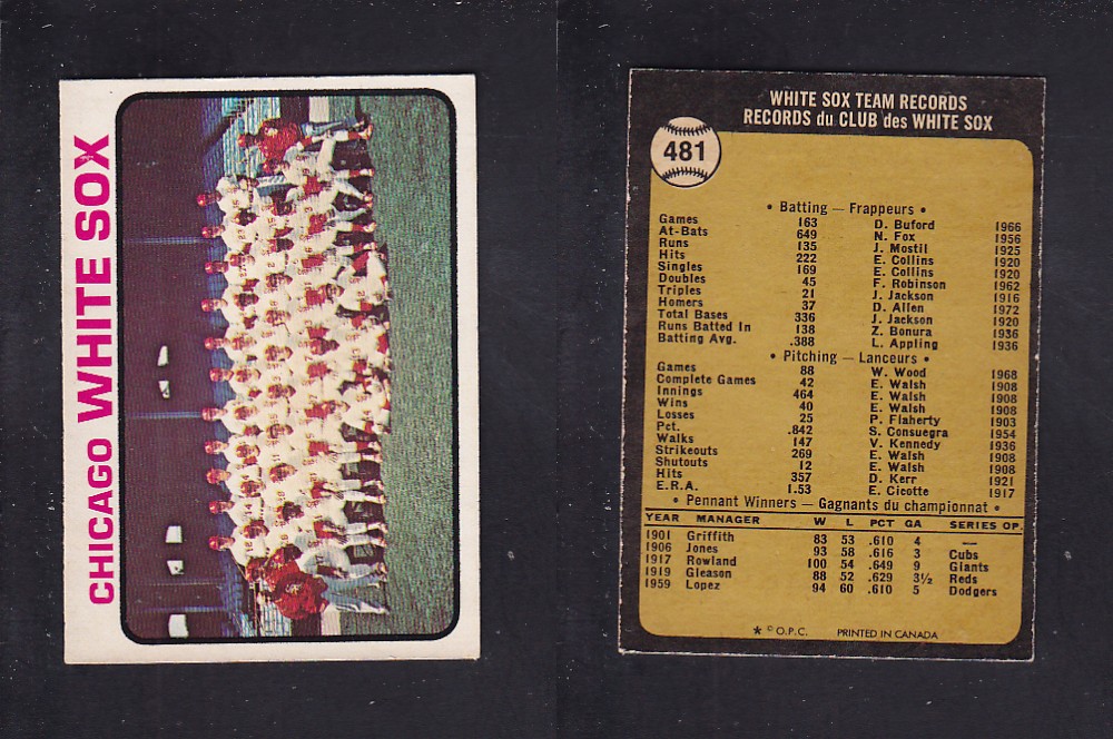 1973 O-PEE-CHEE BASEBALL CARD #481 CHICAGO WHITE SOX photo 1973 O-PEE-CHEE BASEBALL CARD #481 CHICAGO WHITE SOX photo