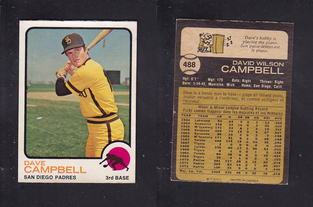 1973 O-PEE-CHEE BASEBALL CARD #488 D. CAMPBELL photo 1973 O-PEE-CHEE BASEBALL CARD #488 D. CAMPBELL photo