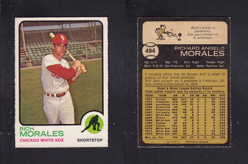 1973 O-PEE-CHEE BASEBALL CARD #494 M. MORALES photo 1973 O-PEE-CHEE BASEBALL CARD #494 M. MORALES photo