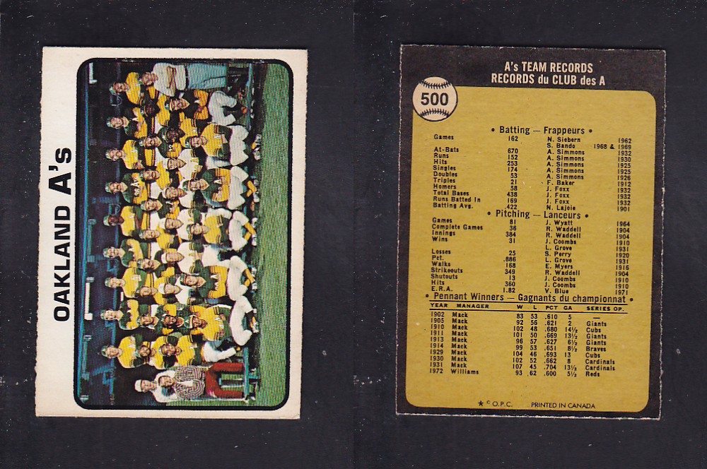 1973 O-PEE-CHEE BASEBALL CARD #500 OAKLAND A'S photo 1973 O-PEE-CHEE BASEBALL CARD #500 OAKLAND A'S photo