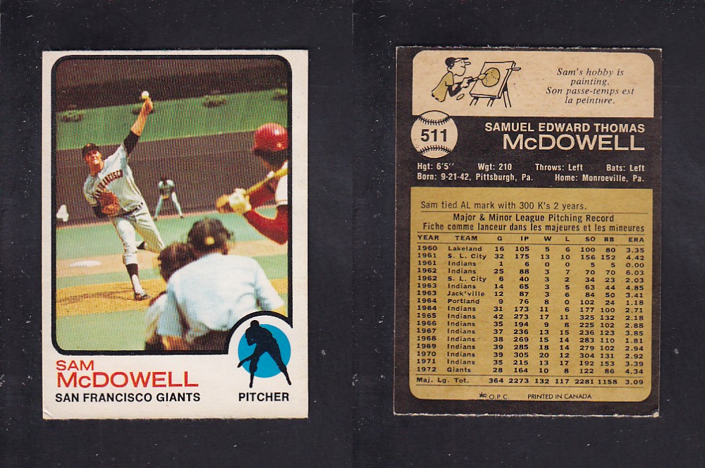 1973 O-PEE-CHEE BASEBALL CARD #511 S. McDOWELL photo 1973 O-PEE-CHEE BASEBALL CARD #511 S. McDOWELL photo