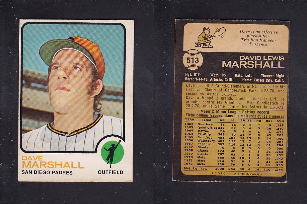 1973 O-PEE-CHEE BASEBALL CARD #513 D. MARSHALL photo 1973 O-PEE-CHEE BASEBALL CARD #513 D. MARSHALL photo
