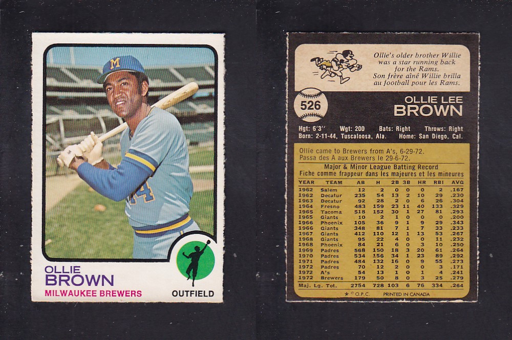 1973 O-PEE-CHEE BASEBALL CARD #526 O. BROWN photo 1973 O-PEE-CHEE BASEBALL CARD #526 O. BROWN photo