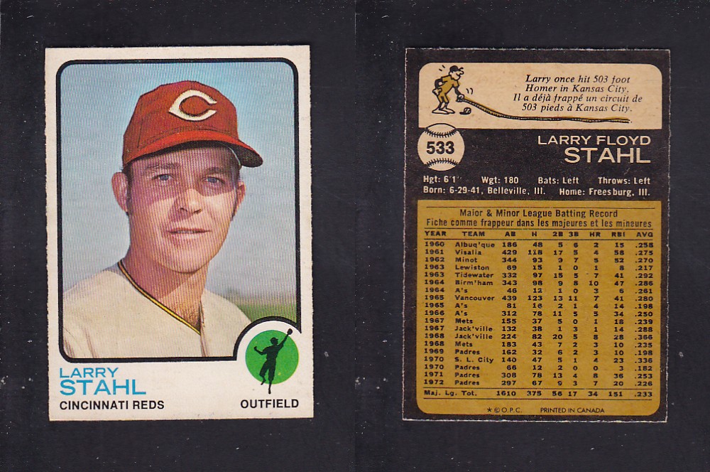1973 O-PEE-CHEE BASEBALL CARD #533 L. STAHL photo 1973 O-PEE-CHEE BASEBALL CARD #533 L. STAHL photo