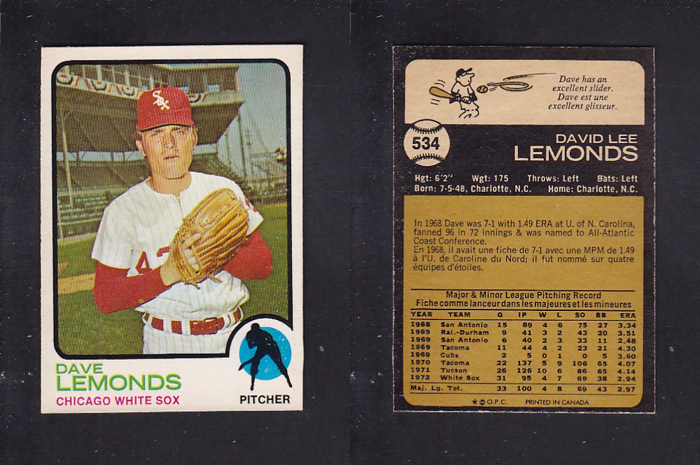 1973 O-PEE-CHEE BASEBALL CARD #534 D. LEMONDS photo 1973 O-PEE-CHEE BASEBALL CARD #534 D. LEMONDS photo