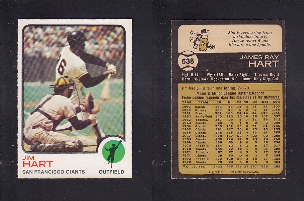 1973 O-PEE-CHEE BASEBALL CARD #538 J. HART photo 1973 O-PEE-CHEE BASEBALL CARD #538 J. HART photo