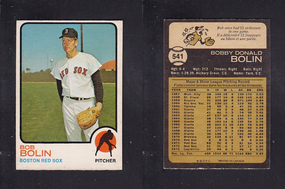 1973 O-PEE-CHEE BASEBALL CARD #541 B. BOLIN photo 1973 O-PEE-CHEE BASEBALL CARD #541 B. BOLIN photo