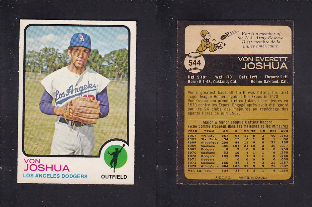 1973 O-PEE-CHEE BASEBALL CARD #544 V. JOSHUA photo 1973 O-PEE-CHEE BASEBALL CARD #544 V. JOSHUA photo